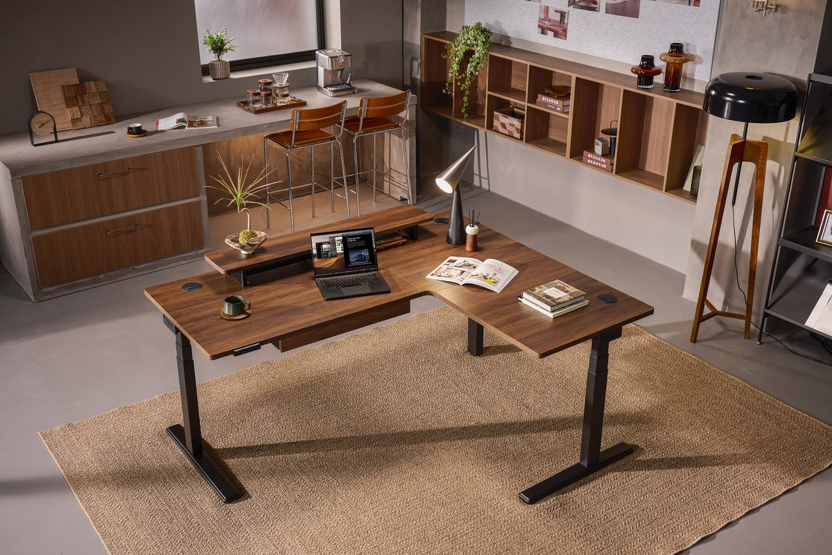 Vernal Core3 adjustable L-shaped desk walnut with black frame