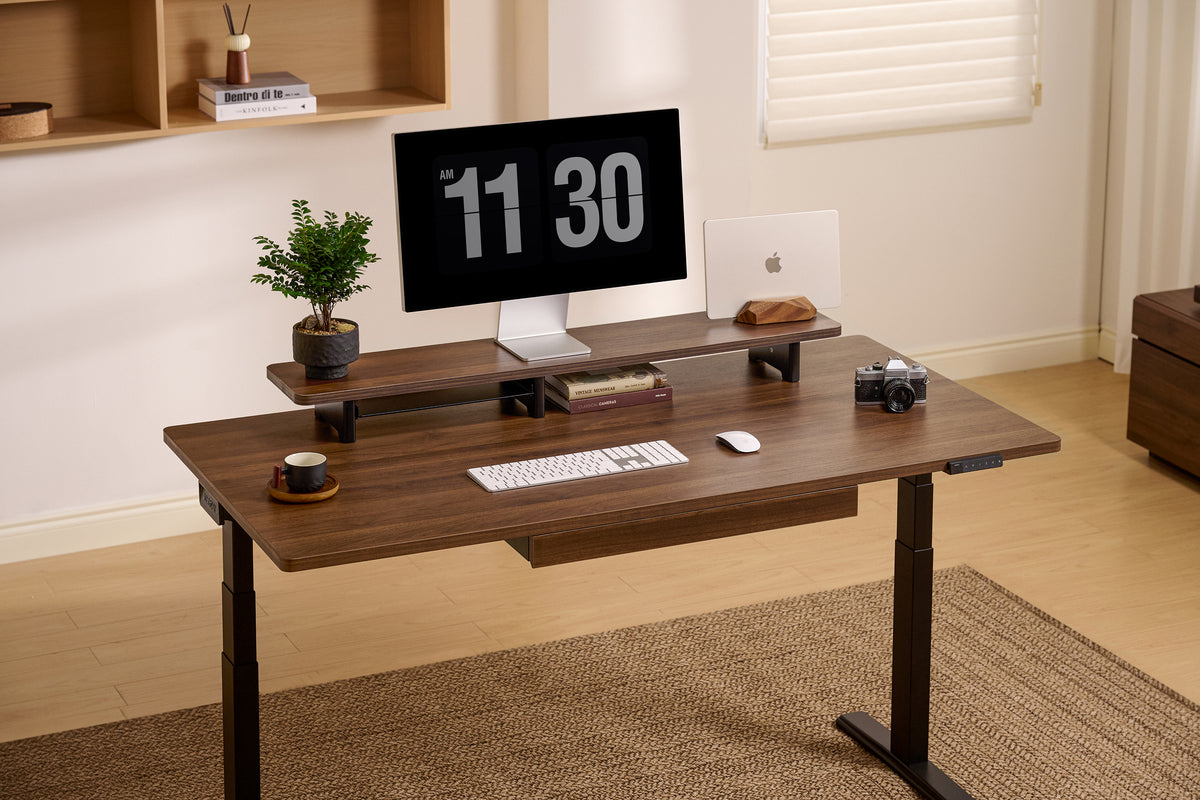 Vernal Core3 walnut adjustable standing desk in home office