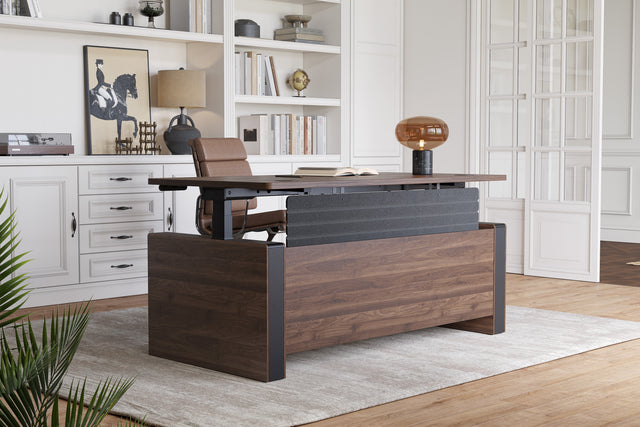 The executive Ergonomic standing desk with Privacy Panels features integrated privacy panels to define your space, reduce distractions, and create a clean, professional appearance.
Ideal for executive offices or shared workspaces, the best standing desk adds visual structure while delivering premium ergonomic benefits, making it a top-tier stand up desk for professionals who demand style and function.